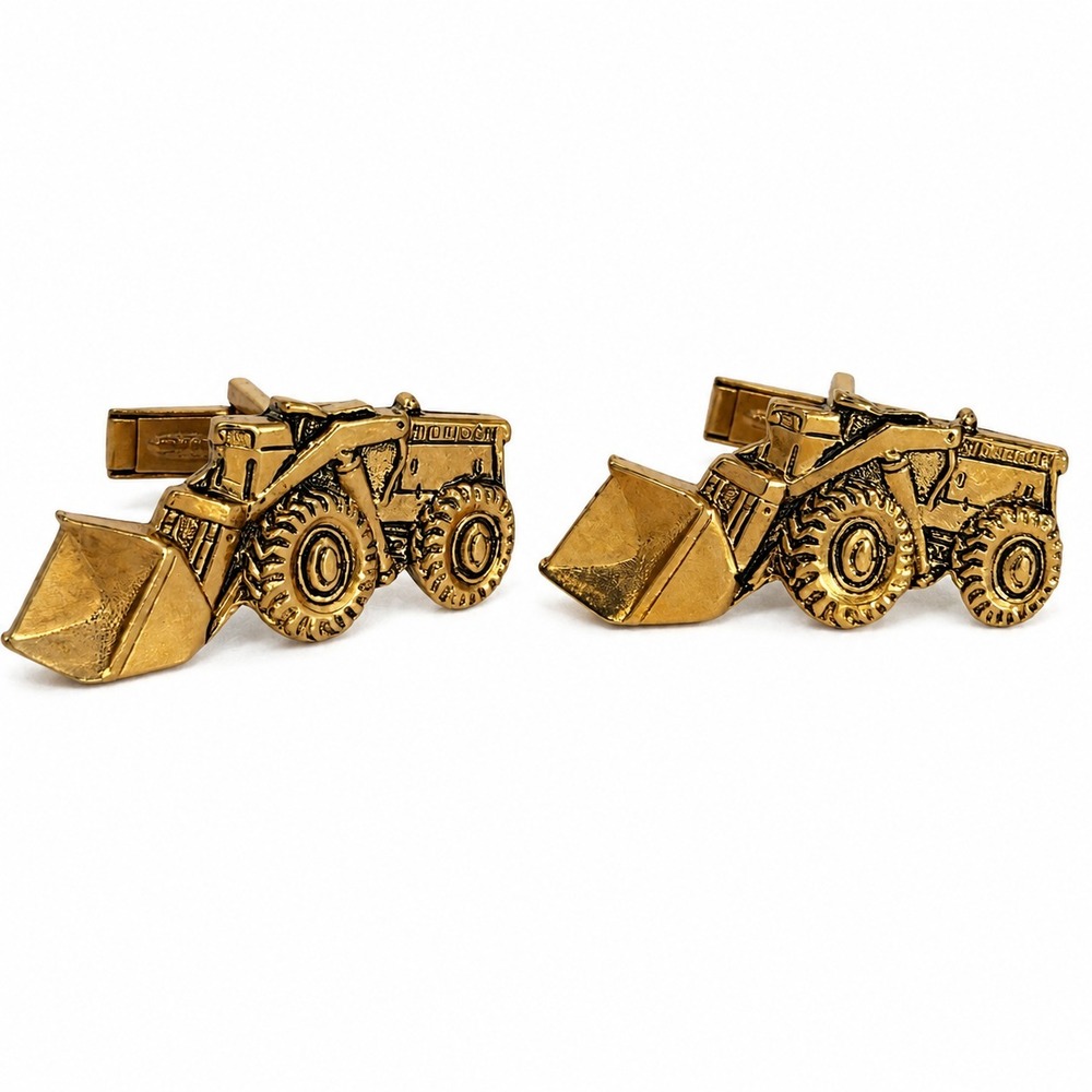 Vintage Bulldozer Loader Cufflinks Gold Tone Novelty‎ Construction Pair PAT PEND